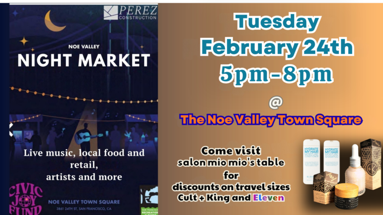 Promotional graphic inviting visitors to salon mio mio’s table at the Noe Valley Night Market for discounts on travel sizes of Cult + King and Eleven products.